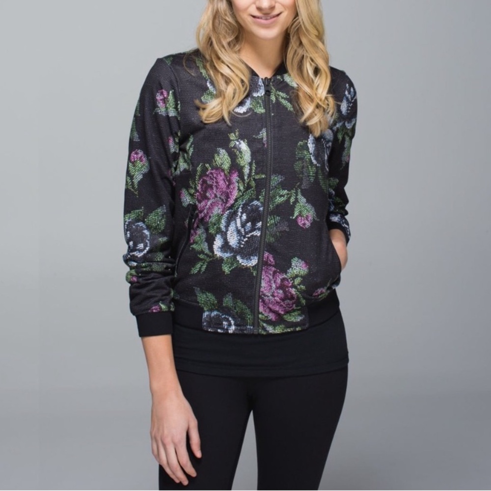 Reversible Floral Zip Front Bomber Jacket - Black with Purple & Green Floral